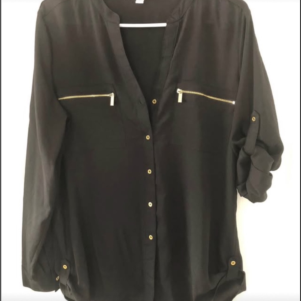 Calvin Klein Sheer Black Blouse with Gold Zipper Accents Size Medium